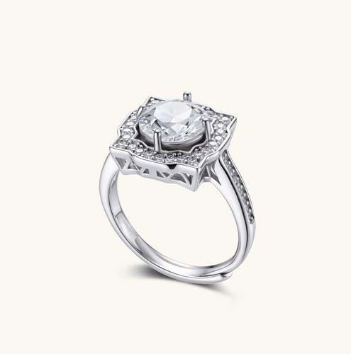 Product video showcasing GRA Certified Moissanite Diamond Vintage Crown Halo Ring with a brilliant moissanite center stone, sparkling halo details and an ornate vintage crown-inspired design | Olaty