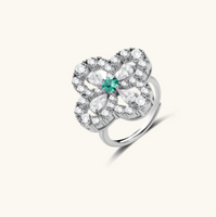 Product video showcasing GRA Certified Green Moissanite Diamond Lucky Clover Ring with brilliant green moissanite stones and sparkling four-leaf clover-inspired details | Olaty