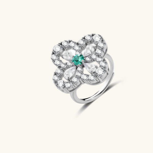 Product video showcasing GRA Certified Green Moissanite Diamond Lucky Clover Ring with brilliant green moissanite stones and sparkling four-leaf clover-inspired details | Olaty