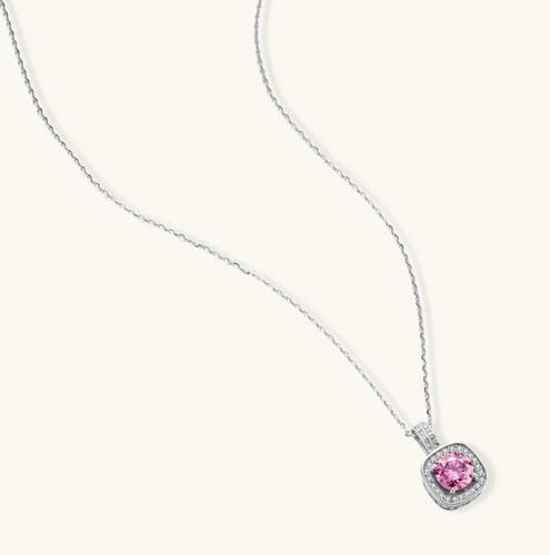 Product video showcasing GRA Certified Pink Moissanite Diamond Halo Pendant Necklace with a brilliant pink moissanite center stone and sparkling halo pendant details | Olaty