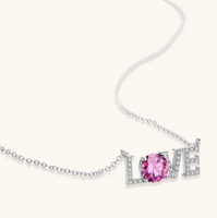 Product video showcasing GRA Certified Pink Moissanite Diamond Love Statement Necklace with brilliant pink moissanite stones and sparkling love-inspired statement pendant details | Olaty