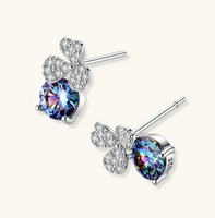 Product video showcasing GRA Certified Rainbow Moissanite Diamond Lucky Clover Stud Earrings with brilliant rainbow moissanite stones and sparkling four-leaf clover-inspired details | Olaty
