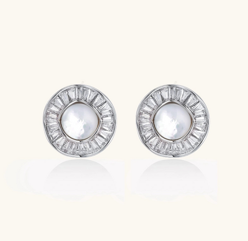 Product video showcasing Radiant Pearl Halo Statement Stud Earrings with lustrous pearl centerpieces, radiant halo details and an elegant statement design | Olaty