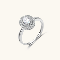 Product video showcasing GRA Certified Moissanite Diamond Double Halo Promise Ring with a brilliant moissanite center stone and sparkling double halo details | Olaty