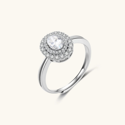 Product video showcasing GRA Certified Moissanite Diamond Double Halo Promise Ring with a brilliant moissanite center stone and sparkling double halo details | Olaty