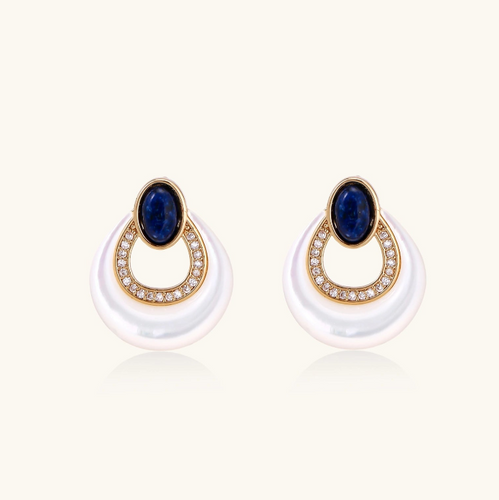 Product video showcasing Celestial Lapis Lazuli & Mother of Pearl Stud Earrings with deep blue lapis lazuli and luminous mother of pearl celestial details | Olaty