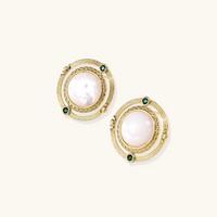 Product video showcasing Compass Rose Mother of Pearl & Emerald Zirconia Stud Earrings with luminous mother of pearl details and emerald green zirconia accents | Olaty
