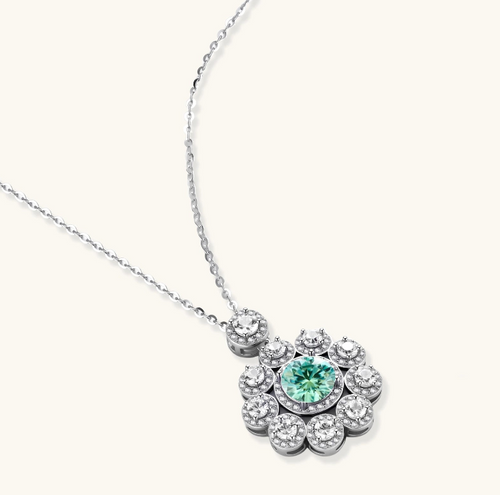 Product video showcasing GRA Certified Green Moissanite Diamond Daisy Bloom Necklace with brilliant green moissanite stones and sparkling daisy-inspired floral pendant details | Olaty