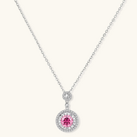 Product video showcasing GRA Certified Pink Moissanite Radiance Halo Necklace with a brilliant pink moissanite center stone and sparkling radiance halo pendant details | Olaty