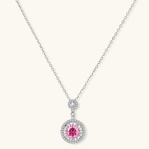Product video showcasing GRA Certified Pink Moissanite Radiance Halo Necklace with a brilliant pink moissanite center stone and sparkling radiance halo pendant details | Olaty