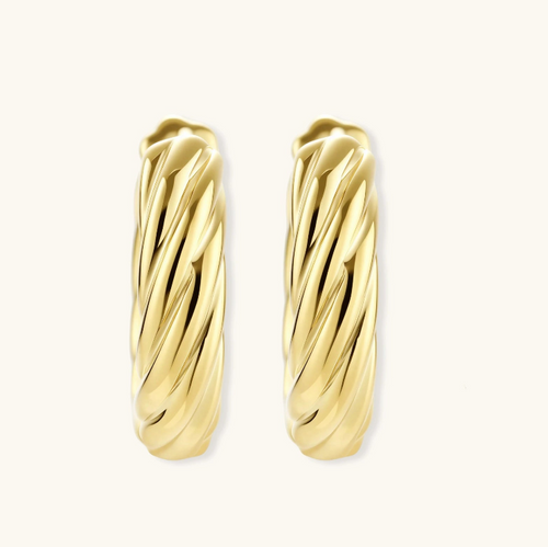 Product video showcasing Twisted Gold Huggie Hoops with sculptural twisted details and a polished gold-tone huggie hoop design | Olaty