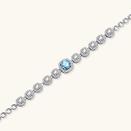 Product video showcasing GRA Certified Blue Moissanite Diamond Azure Tennis Bracelet with brilliant blue moissanite stones and a sparkling classic tennis bracelet design | Olaty