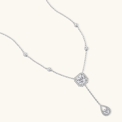 Product video showcasing GRA Certified Moissanite Diamond Celestial Balance Drop Necklace with brilliant moissanite stones and an elegant celestial-inspired drop pendant design | Olaty