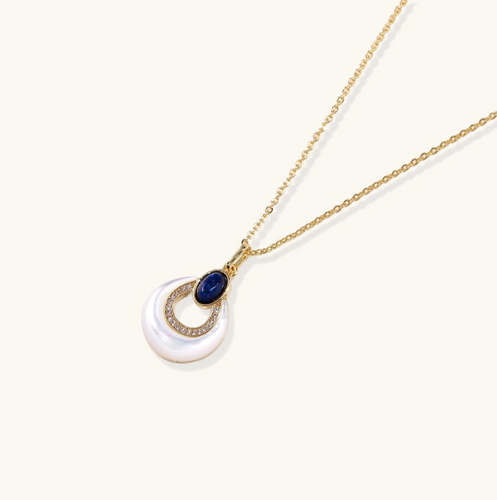 Product video showcasing Lapis Lazuli Mother of Pearl Pendant Necklace with deep blue lapis lazuli and luminous mother of pearl details | Olaty