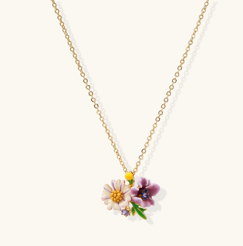 Product video showcasing Garden Bouquet Floral Pendant Necklace with colorful floral details, sculptural pendant design and a gold-tone chain | Olaty