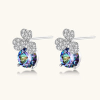 GRA Certified Rainbow Moissanite Diamond Lucky Clover Stud Earrings angled side view in 925 sterling silver | Olaty