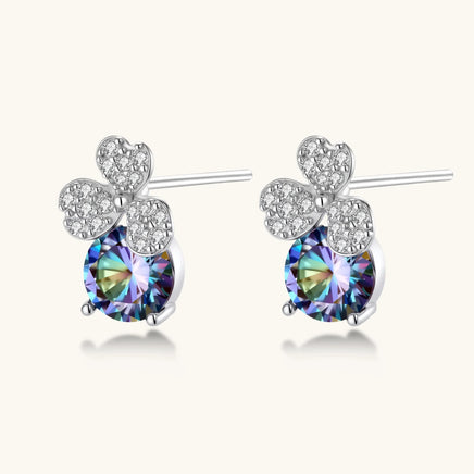 GRA Certified Rainbow Moissanite Diamond Lucky Clover Stud Earrings angled side view in 925 sterling silver | Olaty