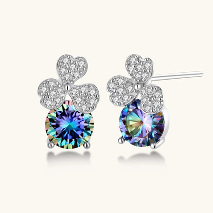 GRA Certified Rainbow Moissanite Diamond Lucky Clover Stud Earrings front and side view with multicolor round stones | Olaty