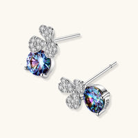 GRA Certified Rainbow Moissanite Diamond Lucky Clover Stud Earrings close-up showing clover setting and sterling silver posts | Olaty