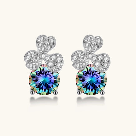 GRA Certified Rainbow Moissanite Diamond Lucky Clover Stud Earrings front view in 925 sterling silver | Olaty